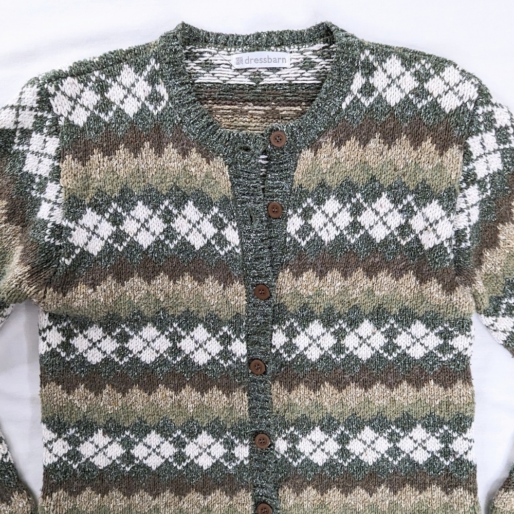 VTG Green Brown Wool Chunky Knit Argyle Button Up Cardigan Sweater Academia - Picture 2 of 7
